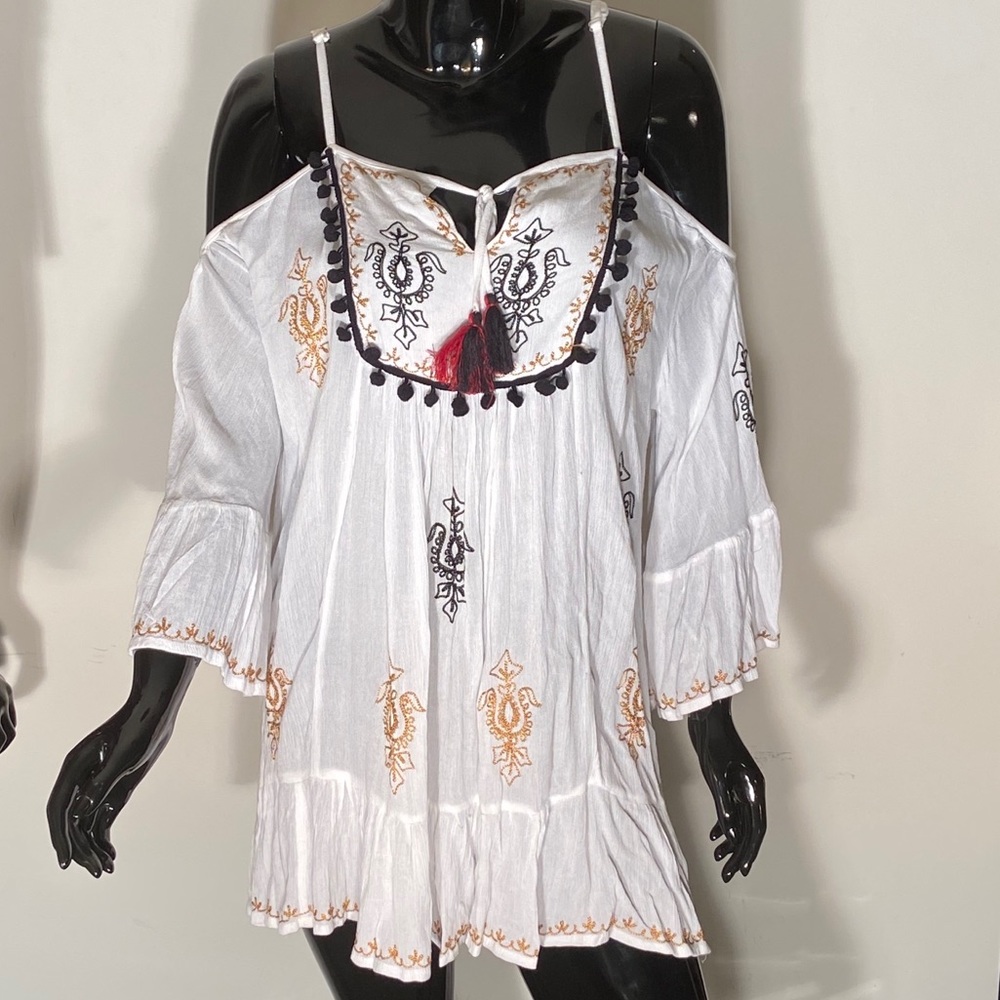 Off the shoulder white w/embroidery top/cover up